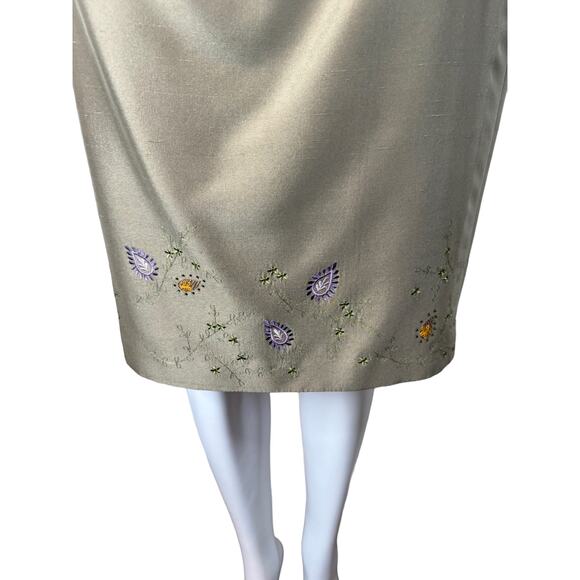 Vintage Kay Unger Sage Green Silk Strapless Midi Dress Embroidered‎ 6 - Picture 3 of 10